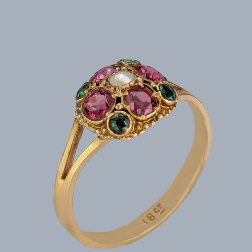 ANTIQUE GARNET AND PEARL CLUSTER RING 18CT GOLD ORNATE VICTORIAN RING CIRCA 1890 - ADDITIONAL PHOTO 1