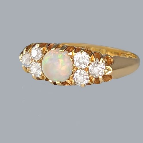 VICTORIAN OPAL AND DIAMOND RING 18CT GOLD HALLMARKED CHESTER 1897 ANTIQUE RING - ADDITIONAL PHOTO 1
