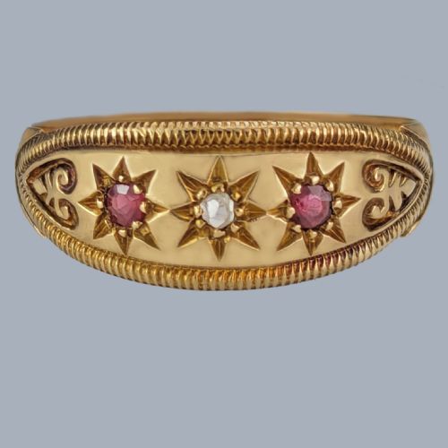 antique ruby and diamond ring 18ct gold edwardian gypsy trilogy ring chester 1908 - CATEGORY: ANTIQUE JEWELLERY - DATED EDWARDIAN