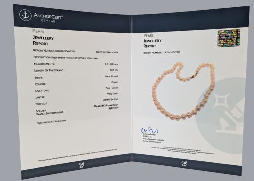 VINTAGE PEARL NECKLACE CREAMPINK WITH GEM REPORT SALT WATER 18CT CLASP SINGLE STRAND - ADDITIONAL PHOTO 4