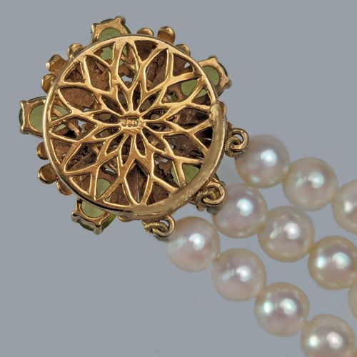 VINTAGE PEARL BRACELET WITH PERIDOT CLUSTER CLASP 9CT GOLD 1950S TRIPLE STRAND - ADDITIONAL PHOTO 7