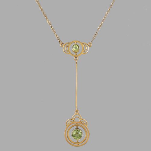 art nouveau peridot necklace 9ct gold antique edwardian drop pendant circa 1905 - CATEGORY: ANTIQUE JEWELLERY - DATED EDWARDIAN
