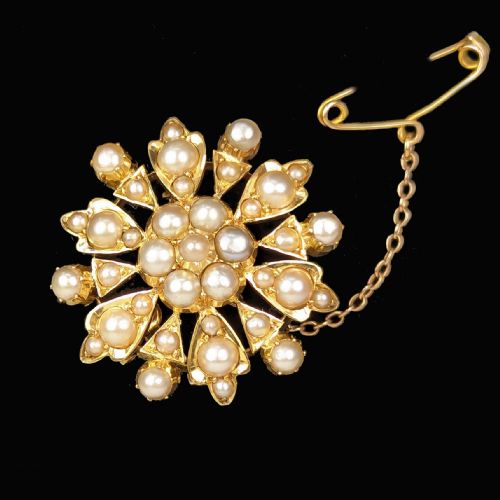 VICTORIAN PEARL PENDANT BROOCH 9CT GOLD FLOWERHEAD WITH CHAIN ANTIQUE CIRCA 1880 - ADDITIONAL PHOTO 1