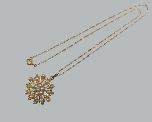 VICTORIAN PEARL PENDANT BROOCH 9CT GOLD FLOWERHEAD WITH CHAIN ANTIQUE CIRCA 1880 - ADDITIONAL PHOTO 2