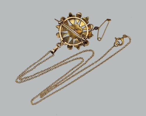 VICTORIAN PEARL PENDANT BROOCH 9CT GOLD FLOWERHEAD WITH CHAIN ANTIQUE CIRCA 1880 - ADDITIONAL PHOTO 5