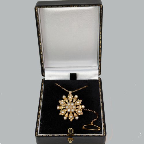 VICTORIAN PEARL PENDANT BROOCH 9CT GOLD FLOWERHEAD WITH CHAIN ANTIQUE CIRCA 1880 - ADDITIONAL PHOTO 6