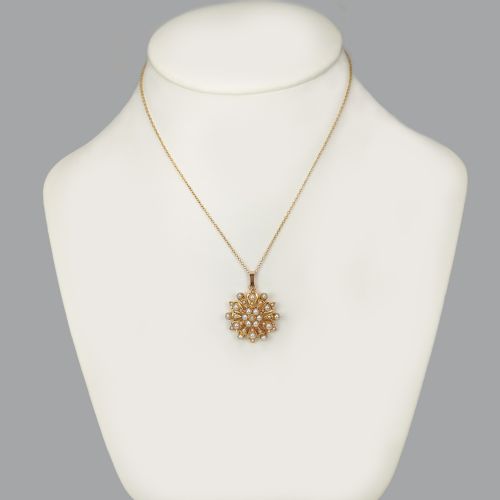 VICTORIAN PEARL PENDANT BROOCH 9CT GOLD FLOWERHEAD WITH CHAIN ANTIQUE CIRCA 1880 - ADDITIONAL PHOTO 7