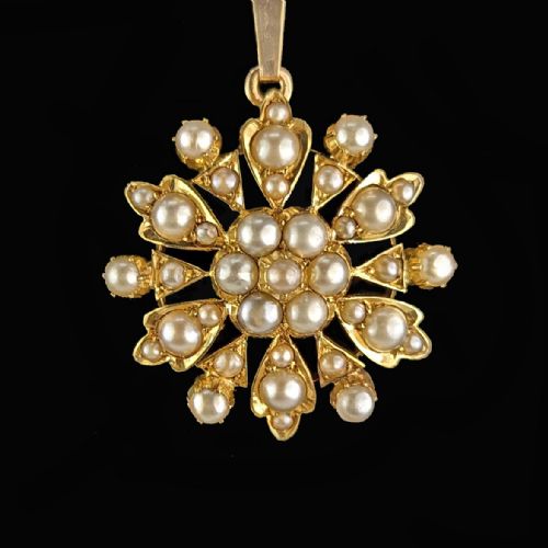 VICTORIAN PEARL PENDANT BROOCH 9CT GOLD FLOWERHEAD WITH CHAIN ANTIQUE CIRCA 1880 - ADDITIONAL PHOTO 8