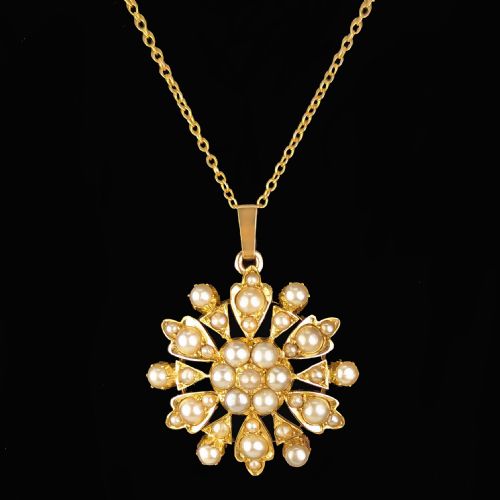VICTORIAN PEARL PENDANT BROOCH 9CT GOLD FLOWERHEAD WITH CHAIN ANTIQUE CIRCA 1880 - ADDITIONAL PHOTO 9