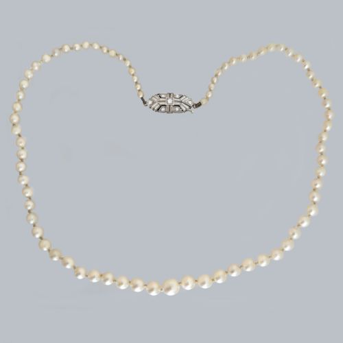 art deco pearl necklace diamond clasp with gem lab certificate single strand - CATEGORY: ANTIQUE JEWELLERY - DATED 1920