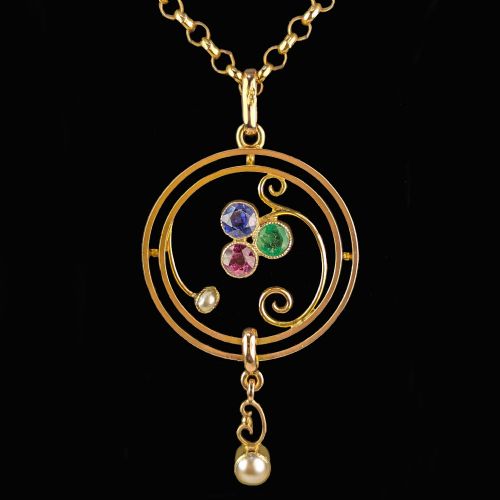edwardian ruby sapphire emerald pearl pendant 9ct gold art nouveau vintage chain - CATEGORY: ANTIQUE JEWELLERY - DATED EDWARDIAN