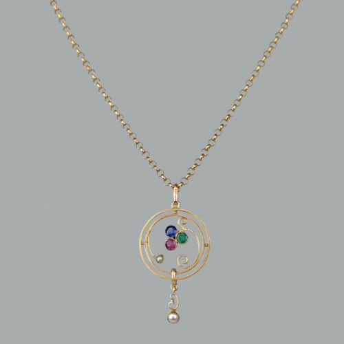 EDWARDIAN RUBY SAPPHIRE EMERALD PEARL PENDANT 9CT GOLD ART NOUVEAU VINTAGE CHAIN - ADDITIONAL PHOTO 1