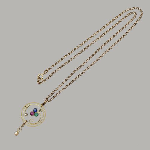EDWARDIAN RUBY SAPPHIRE EMERALD PEARL PENDANT 9CT GOLD ART NOUVEAU VINTAGE CHAIN - ADDITIONAL PHOTO 2