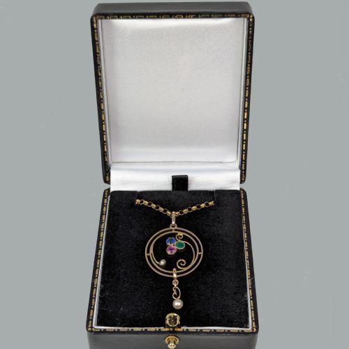 EDWARDIAN RUBY SAPPHIRE EMERALD PEARL PENDANT 9CT GOLD ART NOUVEAU VINTAGE CHAIN - ADDITIONAL PHOTO 3