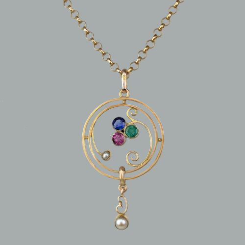EDWARDIAN RUBY SAPPHIRE EMERALD PEARL PENDANT 9CT GOLD ART NOUVEAU VINTAGE CHAIN - ADDITIONAL PHOTO 5