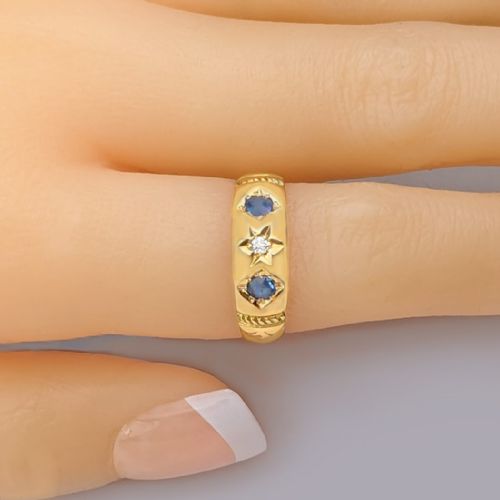 18CT GOLD VICTORIAN SAPPHIRE DIAMOND TRILOGY RING ANTIQUE BIRMINGHAM 1897 - ADDITIONAL PHOTO 1