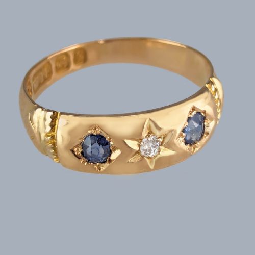 18CT GOLD VICTORIAN SAPPHIRE DIAMOND TRILOGY RING ANTIQUE BIRMINGHAM 1897 - ADDITIONAL PHOTO 2