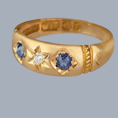 18CT GOLD VICTORIAN SAPPHIRE DIAMOND TRILOGY RING ANTIQUE BIRMINGHAM 1897 - ADDITIONAL PHOTO 3