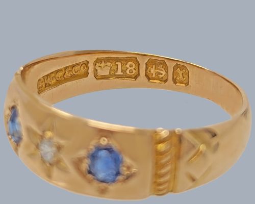 18CT GOLD VICTORIAN SAPPHIRE DIAMOND TRILOGY RING ANTIQUE BIRMINGHAM 1897 - ADDITIONAL PHOTO 4