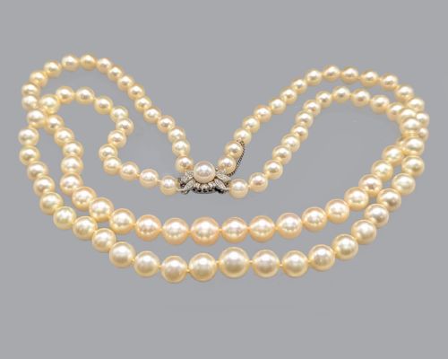 EDWARDIAN PEARL NECKLACE DIAMOND CLASP ANTIQUE TWO ROW PEARLS WITH GEM CERTIFICATE - ADDITIONAL PHOTO 5