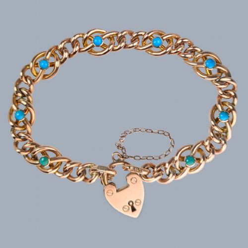 ANTIQUE TURQUOISE GOLD CURB LINK BRACELET WITH HEART CLASP 9CT ROSE GOLD VICTORIAN BRACELET