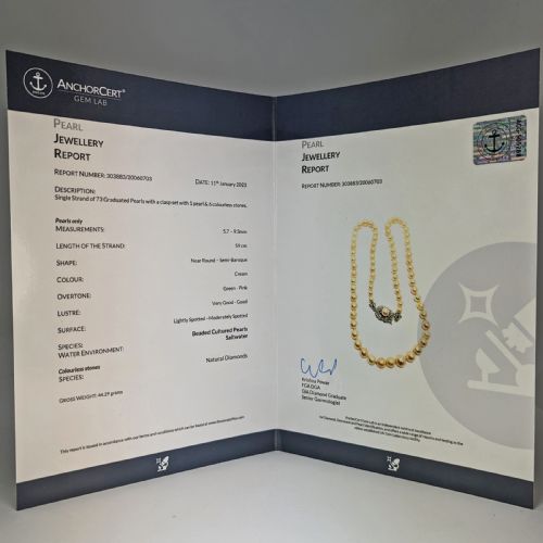 VINTAGE PEARL NECKLACE DIAMOND CLASP WITH GEM REPORT SINGLE STRAND 1950S PEARLS 18CT GOLD CLASP - ADDITIONAL PHOTO 3
