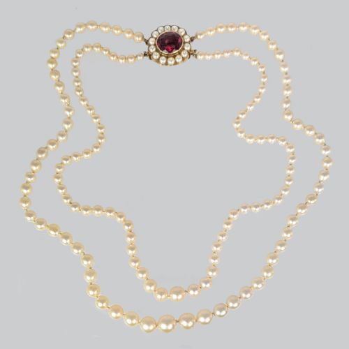 VINTAGE PEARL NECKLACE DOUBLE SINGLE STRAND WITH 9CT GOLD FLORAL GARNET CLASP - ADDITIONAL PHOTO 7