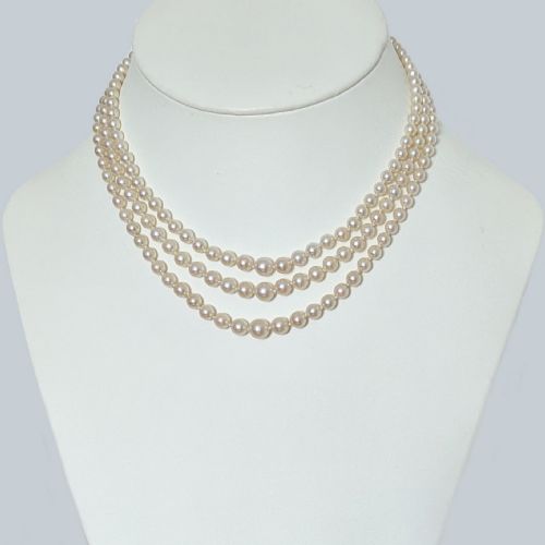 VINTAGE TRIPLE PEARL NECKLACE 9CT GOLD CLUSTER PEARL CLASP THREE STRAND 1950S - ADDITIONAL PHOTO 4