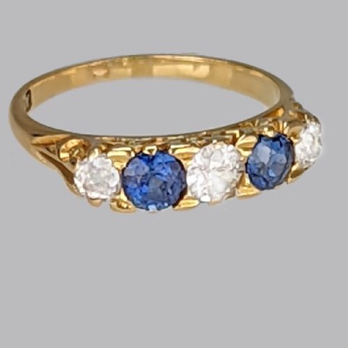 fig 3. Antique Sapphire & Diamond Ring Ornate 18ct Gold 5 Stone Ring London 1907 Hallmarked Old Cut Diamond