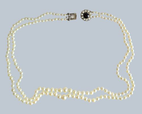 VINTAGE PEARL NECKLACE 9CT GOLD FLORAL GARNET CLASP DOUBLE STRAND 1940S PEARLS - ADDITIONAL PHOTO 1