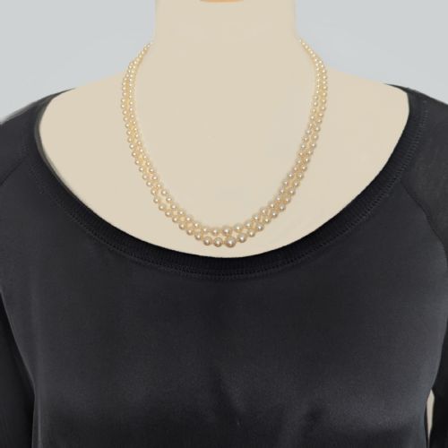 VINTAGE PEARL NECKLACE 9CT GOLD FLORAL GARNET CLASP DOUBLE STRAND 1940S PEARLS - ADDITIONAL PHOTO 3