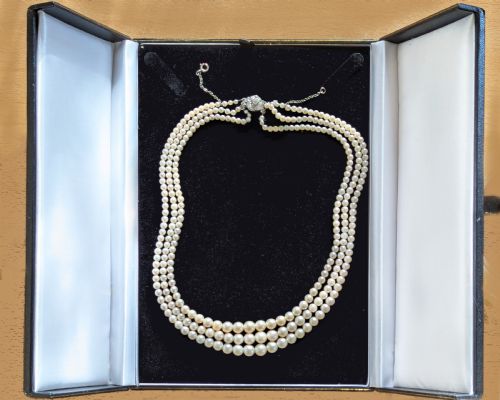 ANTIQUE PEARL NECKLACE OLD CUT DIAMOND CLASP EDWARDIAN TRIPLE STAND PEARLS GEM LAB REPORT - ADDITIONAL PHOTO 5