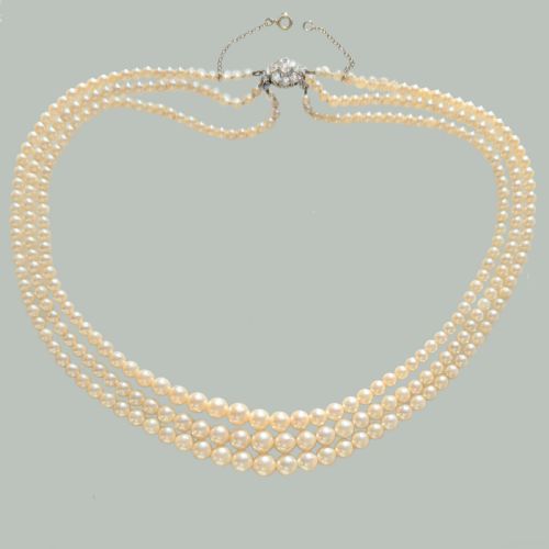 ANTIQUE PEARL NECKLACE OLD CUT DIAMOND CLASP EDWARDIAN TRIPLE STAND PEARLS GEM LAB REPORT - ADDITIONAL PHOTO 6