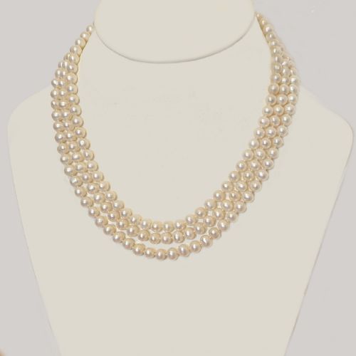 VINTAGE TRIPLE STRAND PEARL NECKLACE 14CT GOLD ORNATE CLASP THREE STRAND 1960S - ADDITIONAL PHOTO 5