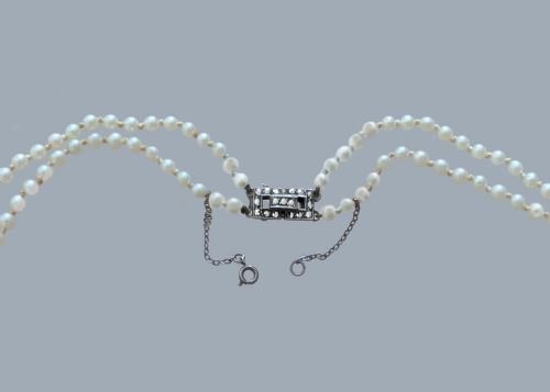 VINTAGE DOUBLE STRAND PEARL NECKLACE MARCASITE CLASP 22 TWO ROW PEARLS 1950S - ADDITIONAL PHOTO 4