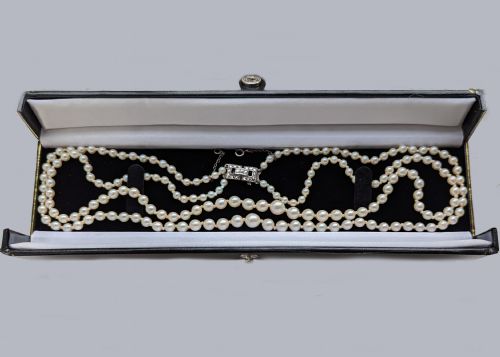 VINTAGE DOUBLE STRAND PEARL NECKLACE MARCASITE CLASP 22 TWO ROW PEARLS 1950S - ADDITIONAL PHOTO 5
