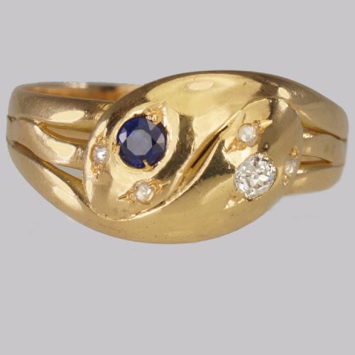 EDWARDIAN DIAMOND SAPPHIRE SNAKE RING HALLMARKED LONDON 1902 18CT GOLD ANTIQUE SERPENT RING