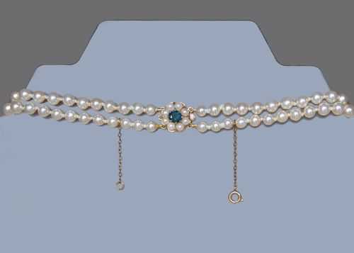 VINTAGE PEARL NECKLACE 9CT GOLD FLORAL SAPPHIRE CLASP DOUBLE STRAND PEARLS - ADDITIONAL PHOTO 2
