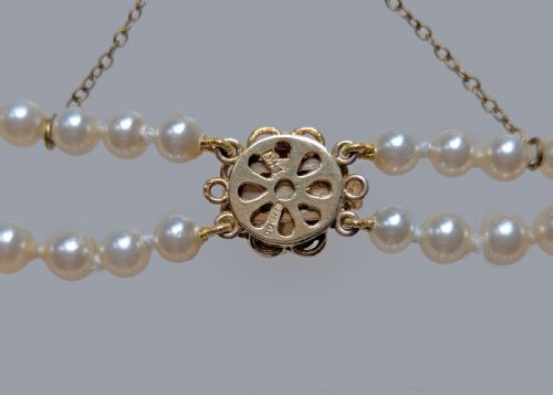 VINTAGE PEARL NECKLACE 9CT GOLD FLORAL SAPPHIRE CLASP DOUBLE STRAND PEARLS - ADDITIONAL PHOTO 6