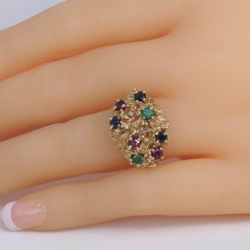 CLUSTER RING RUBY SAPPHIRE EMERALD VINTAGE LONDON 9CT GOLD 1950S COCKTAIL BOMBE RING - ADDITIONAL PHOTO 1