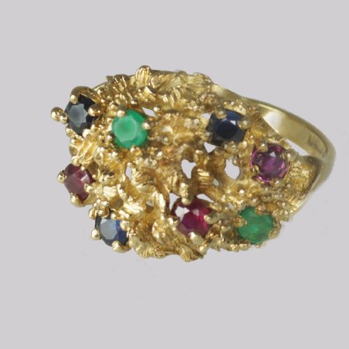 CLUSTER RING RUBY SAPPHIRE EMERALD VINTAGE LONDON 9CT GOLD 1950S COCKTAIL BOMBE RING - ADDITIONAL PHOTO 2