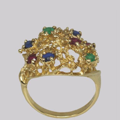 CLUSTER RING RUBY SAPPHIRE EMERALD VINTAGE LONDON 9CT GOLD 1950S COCKTAIL BOMBE RING - ADDITIONAL PHOTO 3