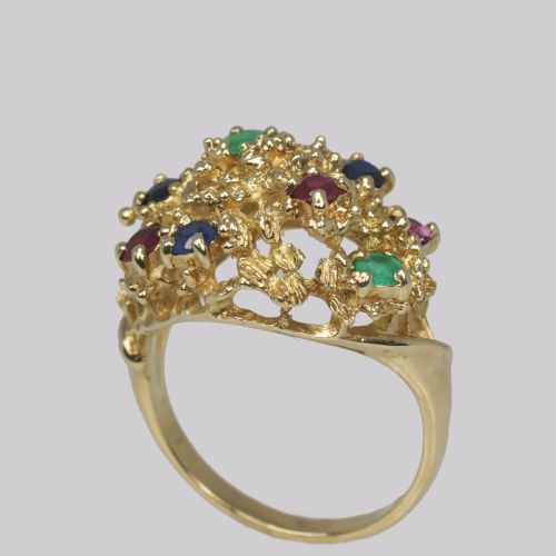 CLUSTER RING RUBY SAPPHIRE EMERALD VINTAGE LONDON 9CT GOLD 1950S COCKTAIL BOMBE RING - ADDITIONAL PHOTO 5