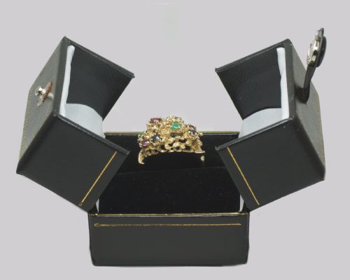 CLUSTER RING RUBY SAPPHIRE EMERALD VINTAGE LONDON 9CT GOLD 1950S COCKTAIL BOMBE RING - ADDITIONAL PHOTO 6