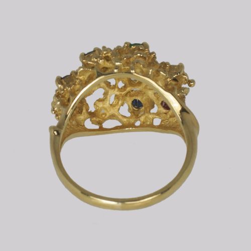 CLUSTER RING RUBY SAPPHIRE EMERALD VINTAGE LONDON 9CT GOLD 1950S COCKTAIL BOMBE RING - ADDITIONAL PHOTO 7