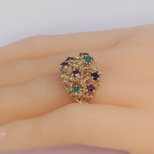 CLUSTER RING RUBY SAPPHIRE EMERALD VINTAGE LONDON 9CT GOLD 1950S COCKTAIL BOMBE RING - ADDITIONAL PHOTO 10
