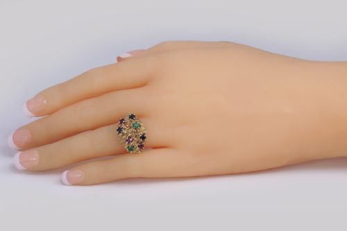 CLUSTER RING RUBY SAPPHIRE EMERALD VINTAGE LONDON 9CT GOLD 1950S COCKTAIL BOMBE RING - ADDITIONAL PHOTO 12