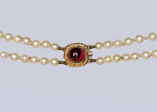 DOUBLE STRAND PEARLS 9CT GOLD GARNET CLASP VINTAGE 17 LONG PEARL NECKLACE 1950S - ADDITIONAL PHOTO 2