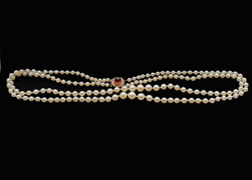 DOUBLE STRAND PEARLS 9CT GOLD GARNET CLASP VINTAGE 17 LONG PEARL NECKLACE 1950S - ADDITIONAL PHOTO 5