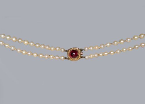 DOUBLE STRAND PEARLS 9CT GOLD GARNET CLASP VINTAGE 17 LONG PEARL NECKLACE 1950S - ADDITIONAL PHOTO 7
